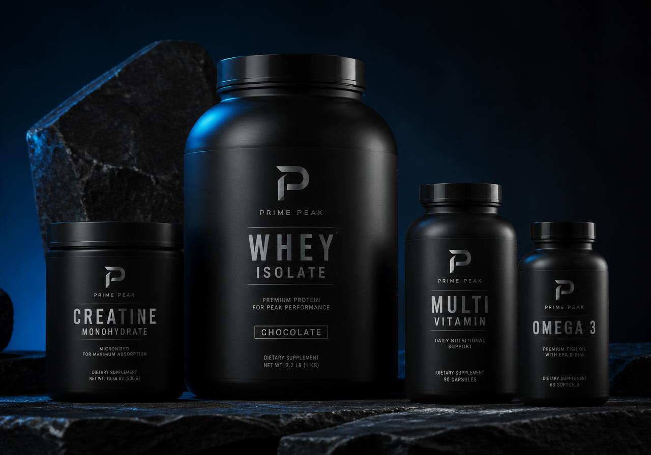 Premium supplement portfolio on dark surface